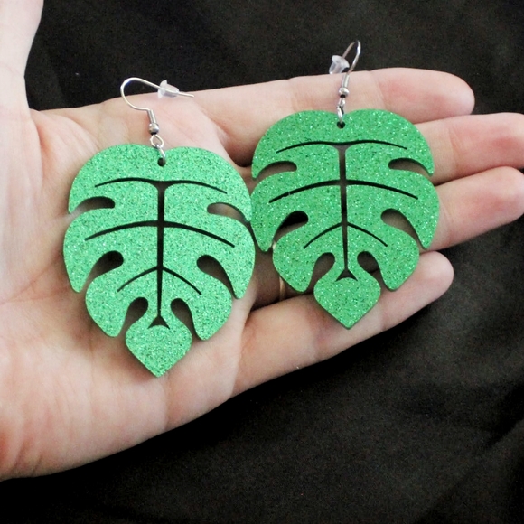 Large green glitter tropical Monstera Leaf Earrings - Picture 8 of 8